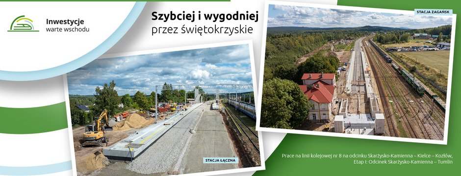Grafika przedstawiająca dwa zdjęcia ukazujące prace przy modernizacji infrastruktury kolejowej na stacjach Łączna i Zagnańsk. Hasło: „Szybciej i wygodniej przez świętokrzyskie"