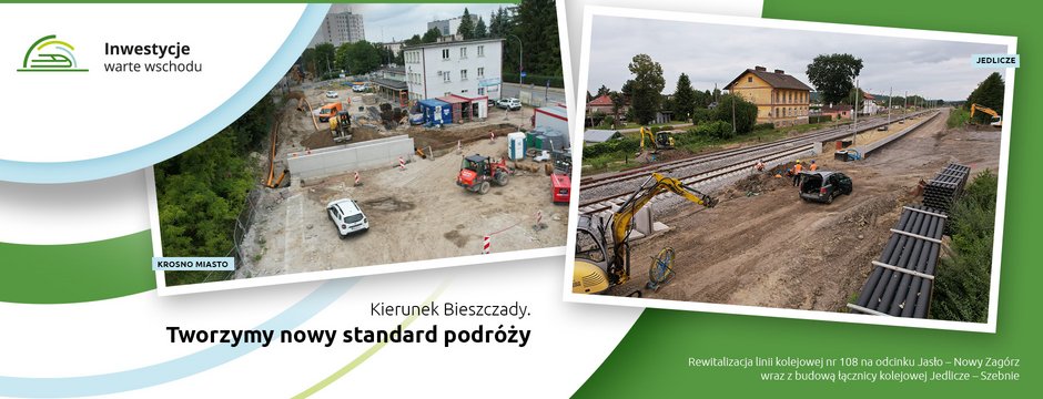 Grafika przedstawiająca dwa zdjęcia ukazujące prace budowlane przy infrastrukturze kolejowej w Krośnie i Jedliczu. Hasło: „Tworzymy nowy standard podróży”.