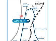 Grafika: Zmiana organizacji ruchu. Przebudowa wiaduktu w miejscowości Kryżka, gm. Suchedniów, w ciągu drogi gminnej. Widoczna mapka z zaznaczoną linią kolejową nr 8 i remontowanym wiaduktem w Kryżce oraz trasą objazdu wyznaczoną na czas tymczasowych ograniczeń w ruchu samochodowym przez Ostojów, Suchedniów, Berezów i Michniów. Projekt „Prace na linii kolejowej nr 8 na odcinku Skarżysko-Kamienna – Kielce – Kozłów, etap 1: Skarżysko-Kamienna – Tumlin” ubiega się o dofinasowanie w ramach programu Fundusze Europejskie dla Polski Wschodniej.