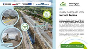 Infografika przedstawiająca modernizację stacji Łączna na linii kolejowej nr 8. Widoczne są nowe perony, budowana kładka nad torami oraz szyby windowe. Inwestycja obejmuje montaż wiat, ławek, energooszczędnego oświetlenia, systemu informacji pasażerskiej i ścieżek naprowadzających dla osób niewidomych i niedowidzących. Modernizacja poprawi dostępność oraz komfort korzystania z kolei.