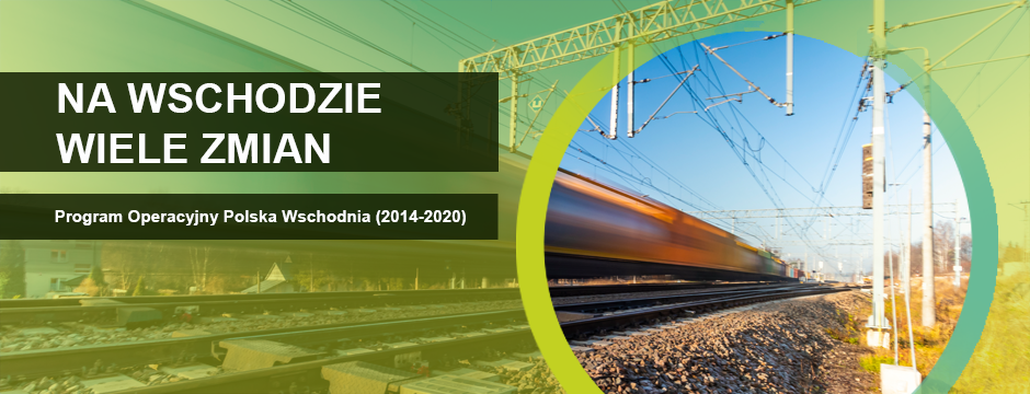 Przejeżdząjący pociąg. Po lewej napis: Na wschodzie wiele zmian. Program Operacyjny Polska Wschodnia (2014-2020)