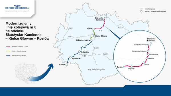 Mapa - Modernizujemy linię kolejową nr 8 na odcinku Skarżyszko-Kamienna - Kielce - Kozłów